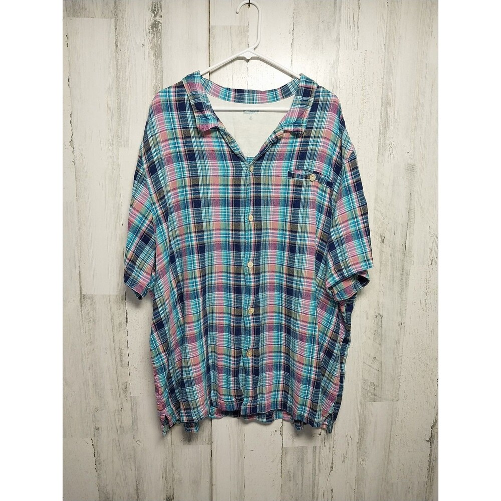 KS Island Men's 4XL Tall Linen Blend Short Sleeve Button Up Plaid Shirt